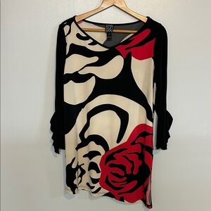 Clara Sun Woo Blouse Tunic Top Size Small Rose Red Asymmetrical Hem Frill Sleeve